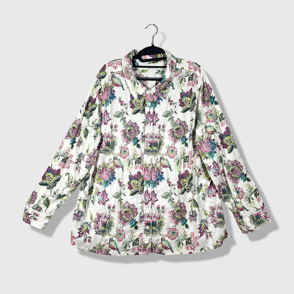 Soft Surroundings Button Shirt Womens 3X White Floral Boho Coastal Linen Blend
